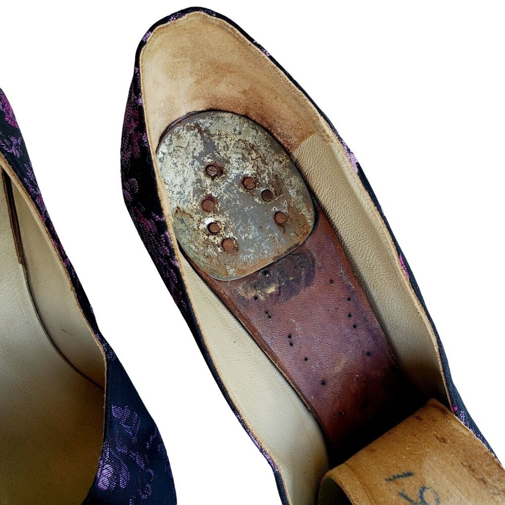 Authentic Pin Up Heels 6N, 1950s Spanish Handmade Silk Brocade Pumps, 6 - 6.5 N - Picture 8 of 11